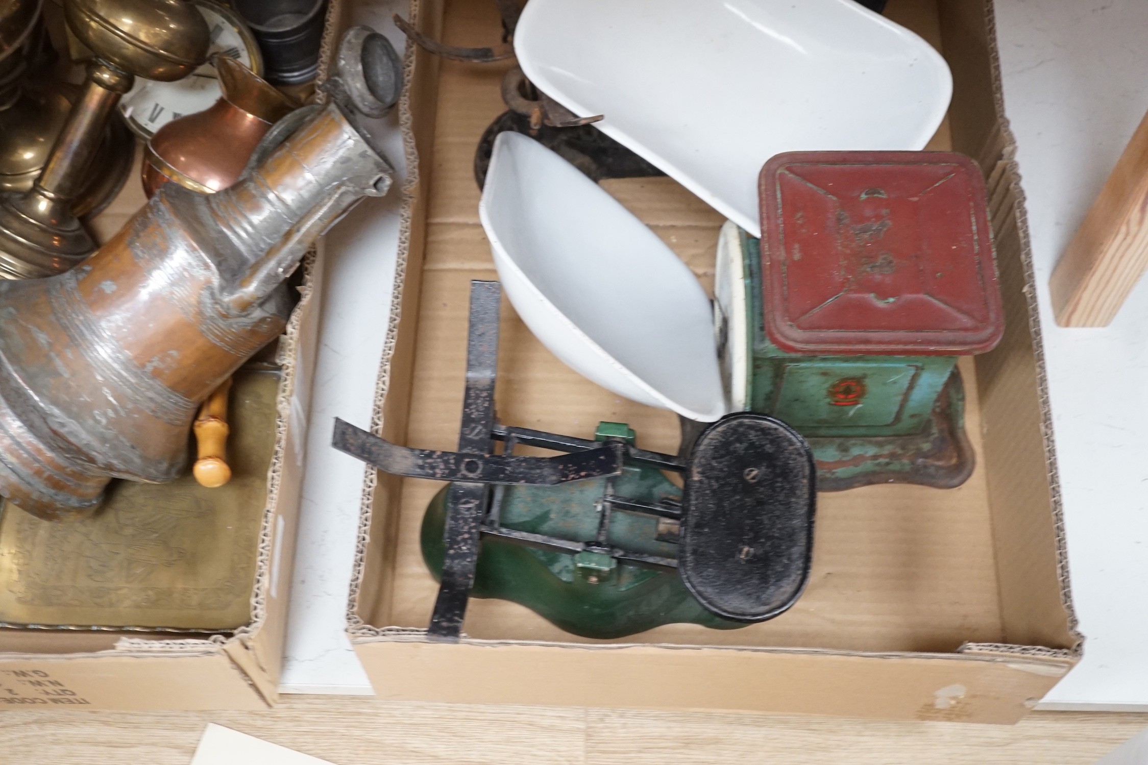 A selection of brass wares, to include an Art Nouveau style ink stand, a Parkins & Gotts postal scales, oil lamps, and other